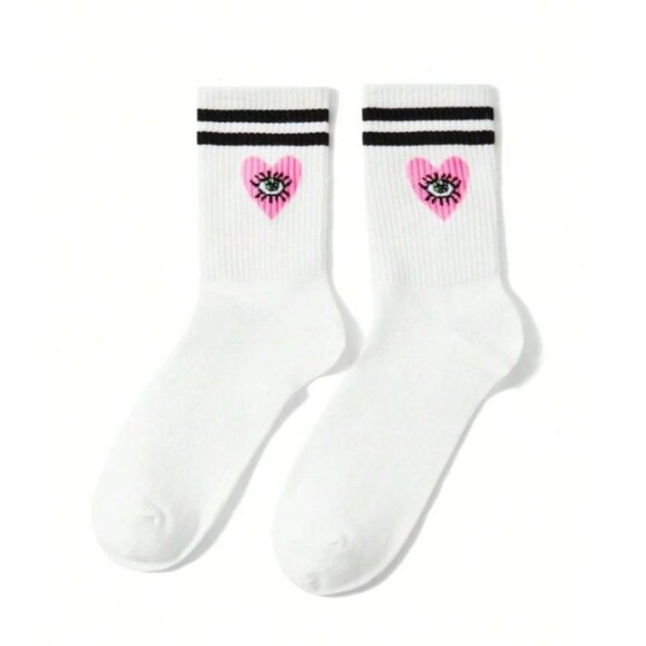 Shein Sport Striped Eye Pattern Casual Mid-Calf Sock in White - Size US 6-8 - Picture 1 of 5